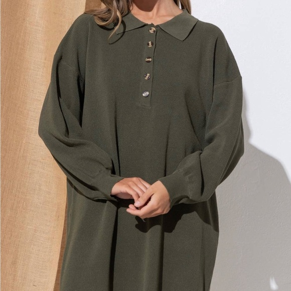 Green Collared Sweater Dress Button Down - Picture 4 of 5